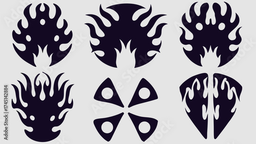 Illustration of abstract flame designs with various shapes and arrangements on a light background