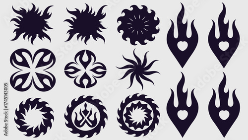 Collection of stylized floral, sunburst, and flame designs in a dark color on a light background