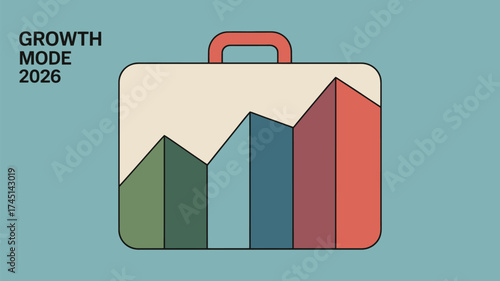 Stylized business briefcase with rising bar graph indicating growth and success concept art design