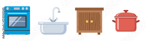 Colorful illustrated icons of a blue oven, a metal sink, a wooden cabinet, and a red cooking pot.