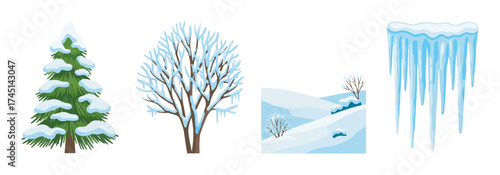 Snow-covered evergreen tree, leafless tree with icicles, snowy hills with scattered trees, and hanging icicles design elements.