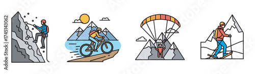A set of colorful icons depicting four outdoor adventure activities: rock climbing, mountain biking, paragliding, and skiing in a stylized, minimalistic design.