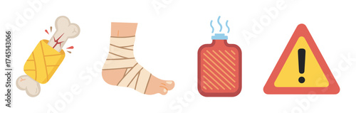 Cartoon icons depicting a broken bone in a cast, a bandaged ankle, a hot water bottle, and a triangular warning sign with an exclamation mark.