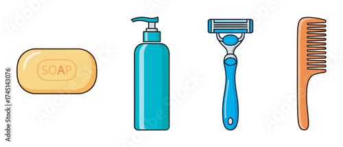 Assorted bathroom essentials including a bar of soap, a pump bottle, a blue razor, and a wooden comb, organized in a row.