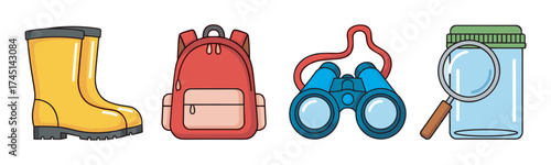 Illustrated collection of outdoor adventure gear, including a yellow rain boot, a red backpack, blue binoculars, and a magnifying glass with a jar.