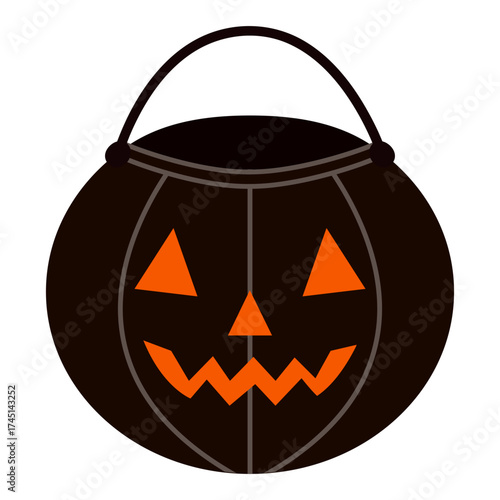 Black empty Halloween pumpkin bucket with a smiling jack o lantern face. Perfect for trick or treat, kids holiday decorations, party invitations, autumn celebration graphics and seasonal crafts.