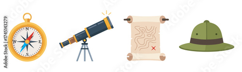 Set of four exploration-themed items including a compass, telescope, map, and safari hat, symbolizing adventure and discovery.