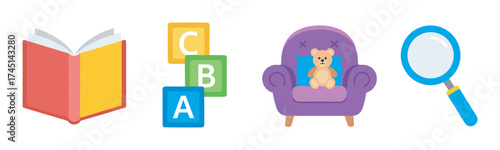 Colorful illustrations of an open book, alphabet blocks labeled c, b, and a, a teddy bear on a purple chair, and a magnifying glass with a blue handle.