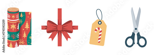 Festive holiday gift-wrapping essentials including wrapping paper, a red bow, a gift tag with a candy cane design, and a pair of scissors.