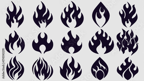Collection of fifteen flame icons in various shapes and sizes on a white background design element
