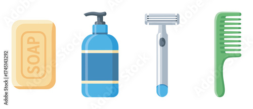 Simple flat vector illustration of personal hygiene items including a bar of soap, blue liquid pump bottle, white razor, and green comb.
