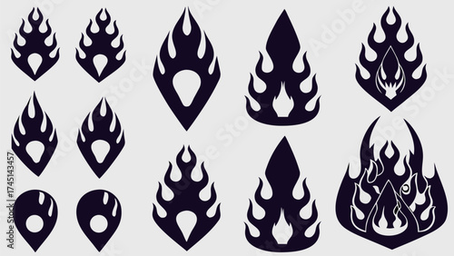 Collection of stylized flame designs in black with varying shapes and internal details present here