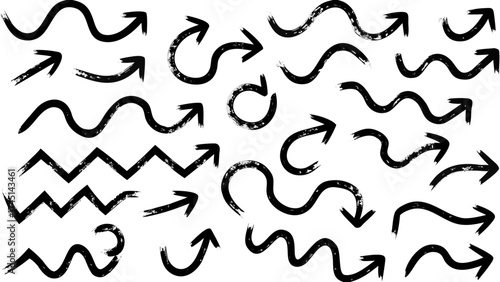 Collection of hand drawn black arrow illustrations pointing in various directions with different shapes and styles