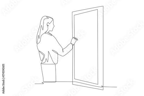 Woman trying on clothes before buying them. Shoping trying on clothes concept one-line drawing