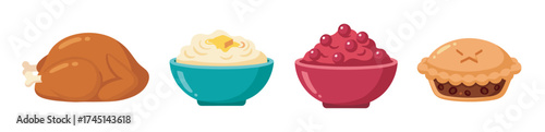 Colorful cartoon-style depiction of a roasted turkey, mashed potatoes, cranberry sauce, and a pie in individual bowls.