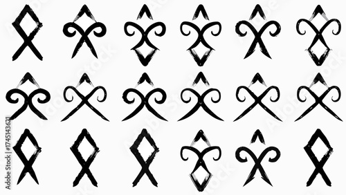 Collection of eighteen stylized black symbols with rough brush stroke textures on a white background