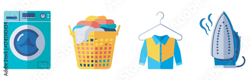 Illustrated icons representing a washing machine, laundry basket with colorful clothes, shirt on hanger, and a steaming iron.