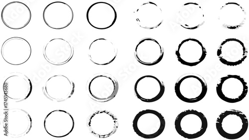 Collection of twenty four circular shapes with varying line thickness and texture in black and white