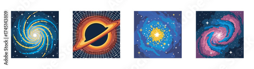 Four colorful and stylized illustrations of cosmic phenomena, including a spiral galaxy, a black hole with accretion disk, a star cluster, and a spiral nebula.