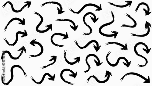 Collection of grungy black arrows pointing in various directions on a white background artistic design element
