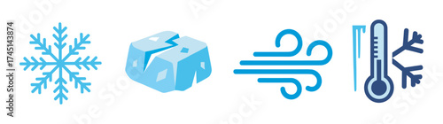 Blue icons of a snowflake, cracked ice, wind gust, and thermometer with icicles, representing cold weather and winter conditions.