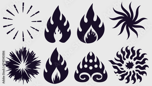 Collection of stylized fire flames and radiating sunburst designs in black and white colors