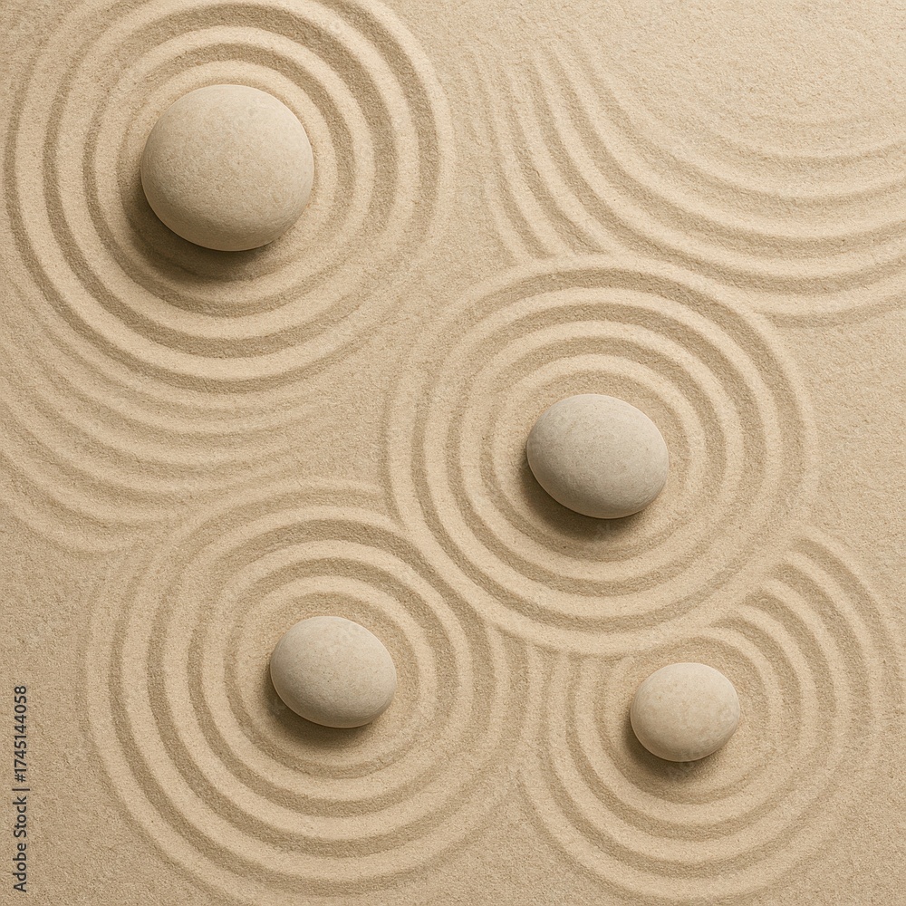 Naklejka premium Zen garden with concentric sand patterns and smooth stones