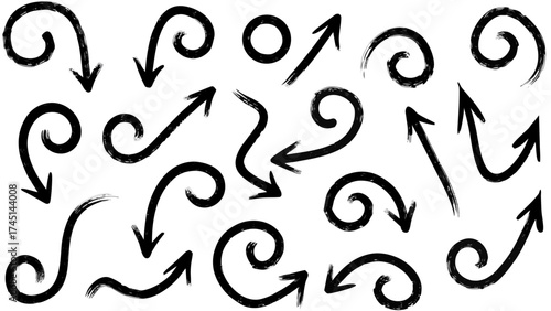 Collection of hand drawn black brush stroke arrows pointing in various directions and shapes on white background