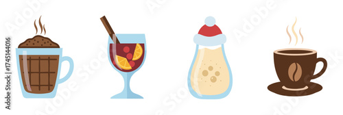 Four beverages including hot chocolate, mulled wine with cinnamon and orange slices, eggnog with a santa hat, and a steaming coffee cup.