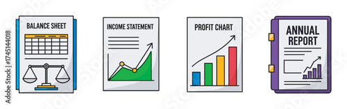 Four colorful icons representing financial documents: a balance sheet, income statement, profit chart, and annual report, conveying concepts of finance and analysis.