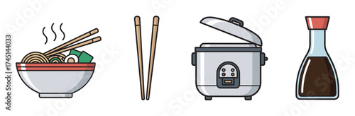 Set of cooking essentials featuring a steaming bowl of ramen with chopsticks, open rice cooker, and soy sauce bottle, illustrating asian culinary tools.