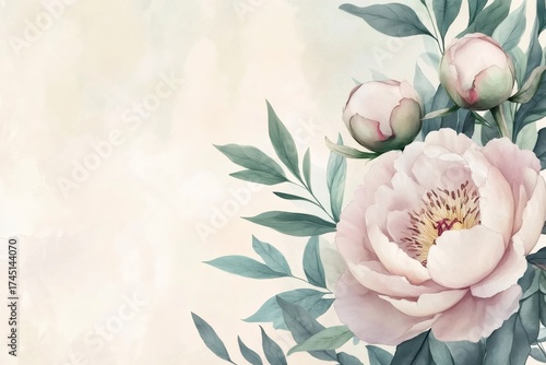 Watercolor peonies and buds blooming with green leaves, creating a delicate floral border on a soft cream background