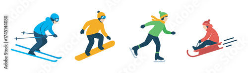 Diverse group of young adults engaging in winter sports, including skiing, snowboarding, ice skating, and sledding, wearing colorful winter clothing and gear.