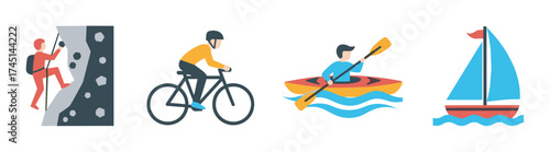 Colorful flat icons depicting outdoor activities including rock climbing, cycling, kayaking, and sailing, illustrating adventure and recreational hobbies.