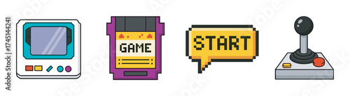 Colorful retro gaming icons featuring an arcade machine, a video game cartridge, a speech bubble with "start," and a classic joystick.