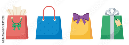 Four colorful gift bags, each uniquely designed with bows, handles, and tags, representing variety in gift presentation.
