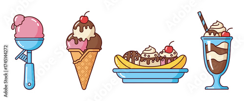 Colorful set of three different ice cream treats including a scoop with cherry, a cone with pink and brown scoops, and a banana split in a blue dish.