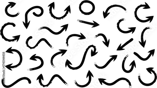 Collection of various hand drawn black arrows pointing in different directions on a white background design