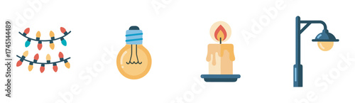 Simple graphic icons depicting colorful string lights, a bright light bulb, a burning candle, and a classic street lamp, all arranged side by side.