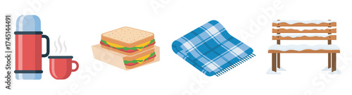 Set of four winter-themed elements including a thermos with a steaming cup, layered sandwich, blue plaid blanket, and a snow-covered wooden bench.