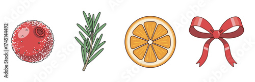 Detailed illustration of a festive composition featuring a red ornament, rosemary sprig, orange slice, and red bow arranged in a horizontal row.