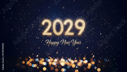 A festive Happy New Year 2029 greeting. The year 2029 is written in golden sparkles, with bokeh lights on a dark blue background. An elegant and celebratory design.