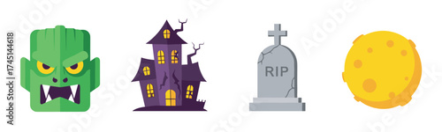 Cartoon icons of a green monster head, haunted house, cracked tombstone, and yellow full moon, representing spooky halloween elements.