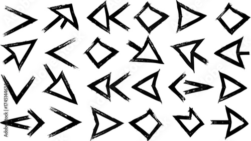 Collection of hand drawn black arrows and direction pointers in various styles and orientations on white