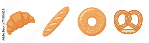 Four different types of baked goods displayed in a row, including a croissant, baguette, bagel, and pretzel.