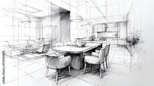 Hand-drawn pencil sketches of modern interiors with detailed furniture and decor. Minimalist, contemporary style illustrations perfect for architecture, design, and concept visuals.