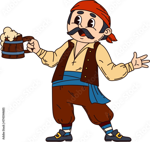 Cartoon funny groovy pirate corsair character with mug of beer. Vector sailor, seaman, seafarer or rover holding wood tankard with drunk grin, embodying a seafaring spirit of adventure and revelry