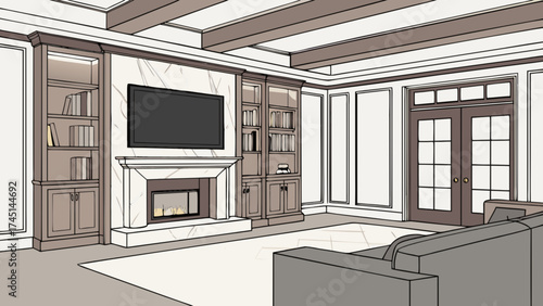 Modern living room interior design with fireplace tv and bookshelves for home decor ideas design