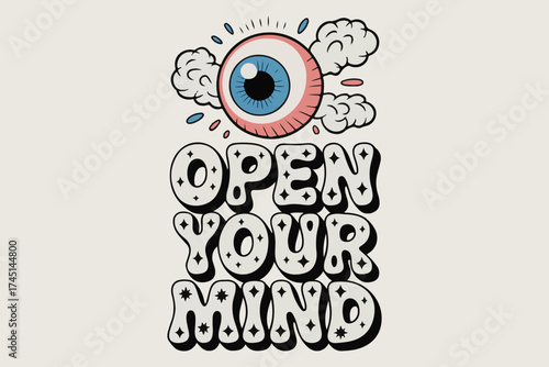 Vibrant open your mind text with psychedelic eye design for creative expression