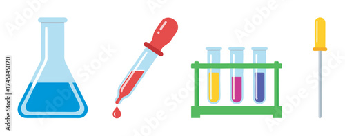 Colorful laboratory equipment including a blue liquid in a flask, a red-tipped dropper, three test tubes with colored liquids, and a yellow-handled pipette.
